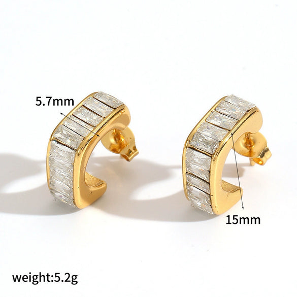 Wholesale Women's Geometric Light Luxury Style Diamondencrusted Zircon Cshaped Titanium Steel And Stainless Steel Earrings With Pvd Furnace Vacuum Real Gold Plating