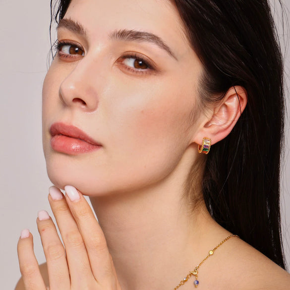 Wholesale Women's Geometric Light Luxury Style Ferris Wheel Rainbow Glass Stone Copper Ear Clips Electroplated