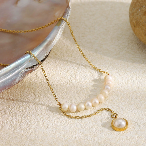 Wholesale Women's Geometric Light Luxury Style Stainless Steel 18K Goldplated Handmade Artificial Pearl Necklace Jewelry