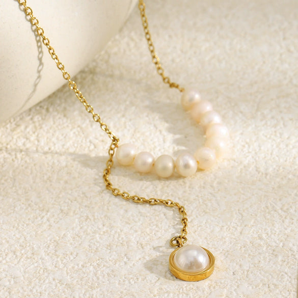 Wholesale Women's Geometric Light Luxury Style Stainless Steel 18K Goldplated Handmade Artificial Pearl Necklace Jewelry