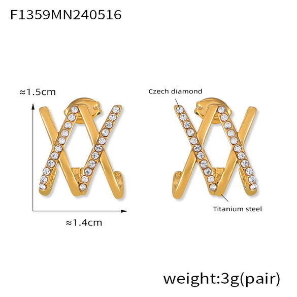 Wholesale Women's Geometric Line Cross Design 316L Stainless Steel Goldplated Diamondencrusted Earrings