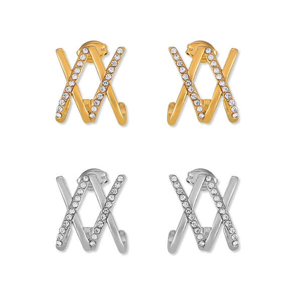 Wholesale Women's Geometric Line Cross Design 316L Stainless Steel Goldplated Diamondencrusted Earrings