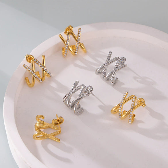 Wholesale Women's Geometric Line Cross Design 316L Stainless Steel Goldplated Diamondencrusted Earrings