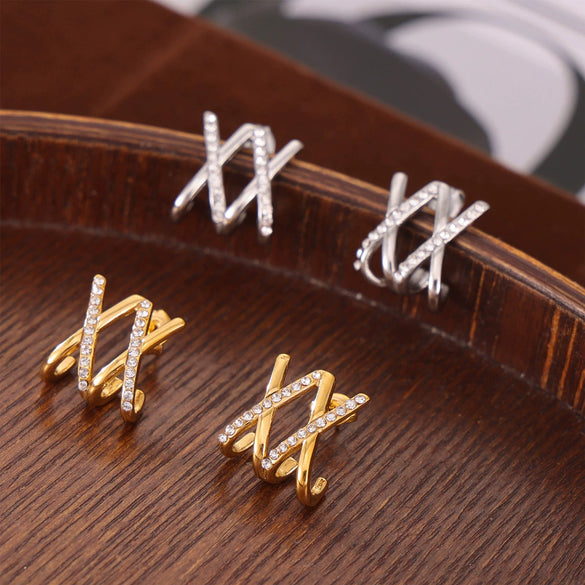 Wholesale Women's Geometric Line Cross Design 316L Stainless Steel Goldplated Diamondencrusted Earrings