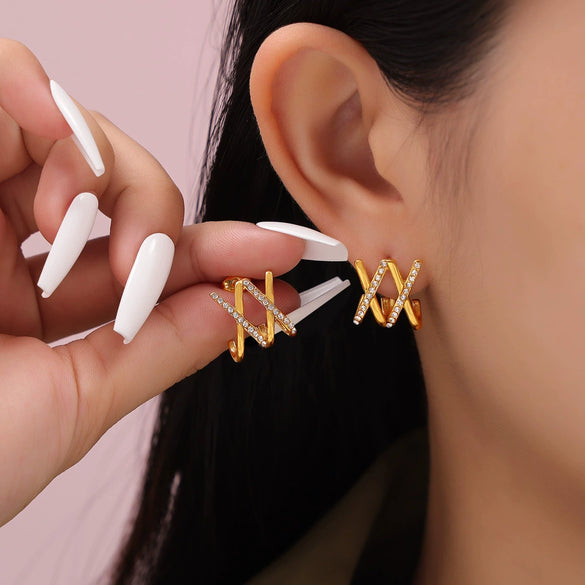 Wholesale Women's Geometric Line Cross Design 316L Stainless Steel Goldplated Diamondencrusted Earrings