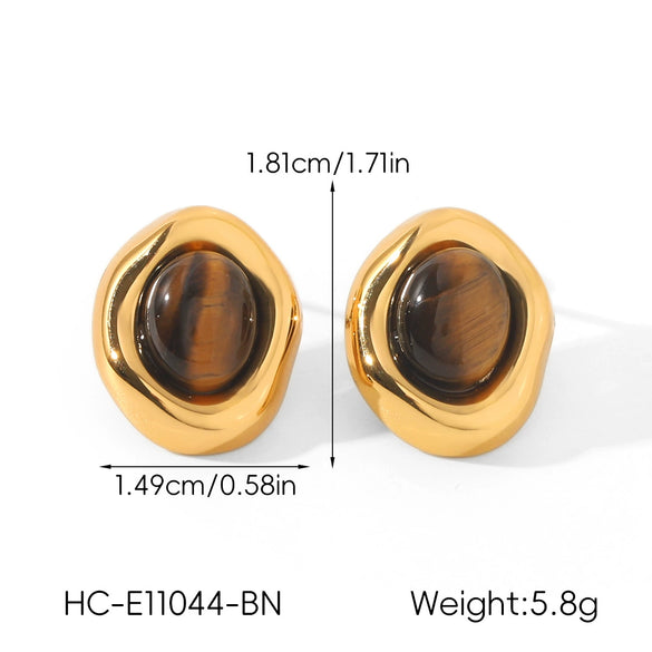 Wholesale Women's Geometric Maillard Style Oval Tiger Eye Stone Stainless Steel Electroplated Earrings