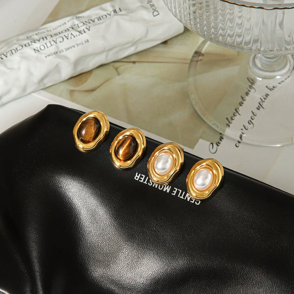 Wholesale Women's Geometric Maillard Style Oval Tiger Eye Stone Stainless Steel Electroplated Earrings