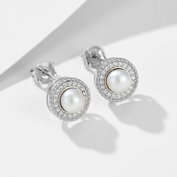 Wholesale Women's Geometric Natural Freshwater Pearl 925 Sterling Silver Stud Earrings With Micro Inlaid Zircon