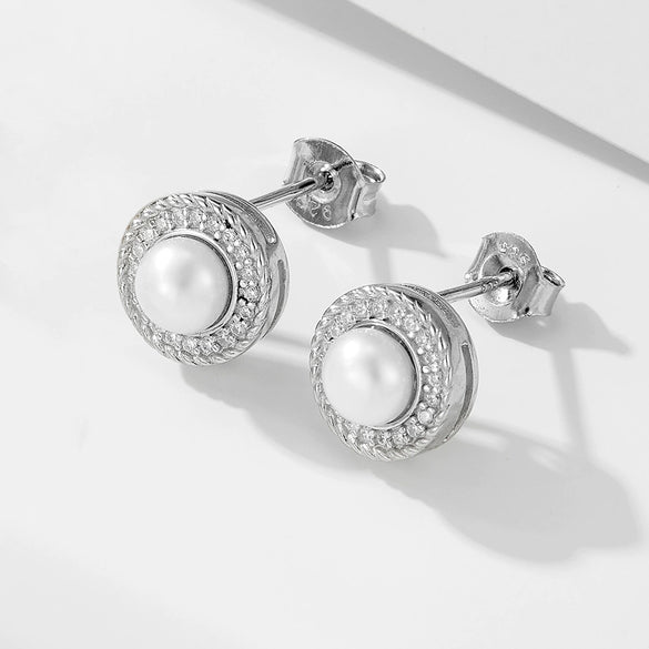 Wholesale Women's Geometric Natural Freshwater Pearl 925 Sterling Silver Stud Earrings With Micro Inlaid Zircon