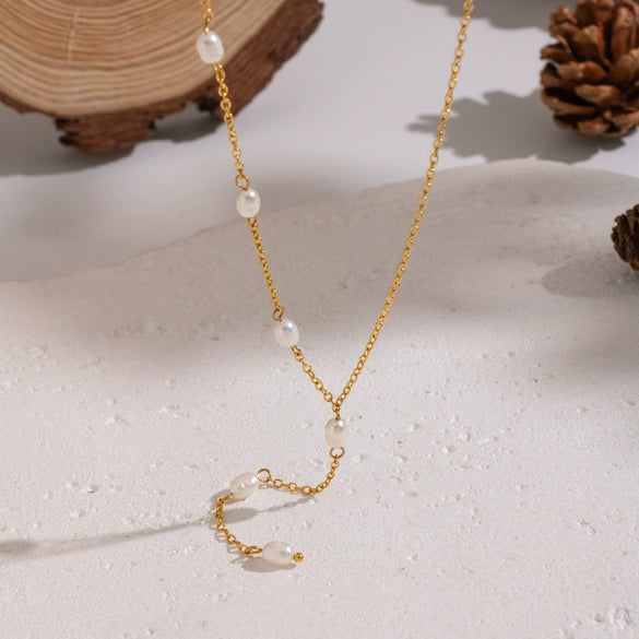 Wholesale Women's Geometric Natural Pearl Oshaped Chain Necklace Stainless Steel Pvd Furnace Vacuum Real Gold Plated Jewelry