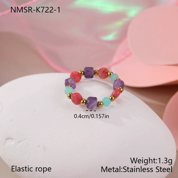 Wholesale Women's Geometric Natural Stone Beaded Stainless Steel Ring With 18K Gold Electroplating
