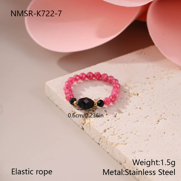 Wholesale Women's Geometric Natural Stone Beaded Stainless Steel Ring With 18K Gold Electroplating