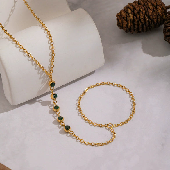 Wholesale Women's Geometric Olive Green Zircon Stainless Steel Real Gold Plated Chain Bracelet