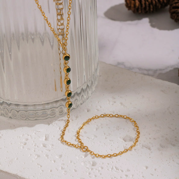 Wholesale Women's Geometric Olive Green Zircon Stainless Steel Real Gold Plated Chain Bracelet