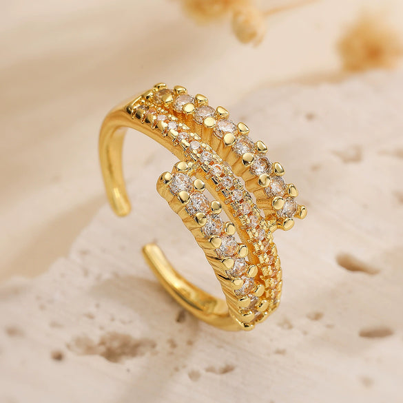 Wholesale Women's Geometric Opening Ring Copper Real Gold Electroplated Microinlay Zircon Light Luxury Style