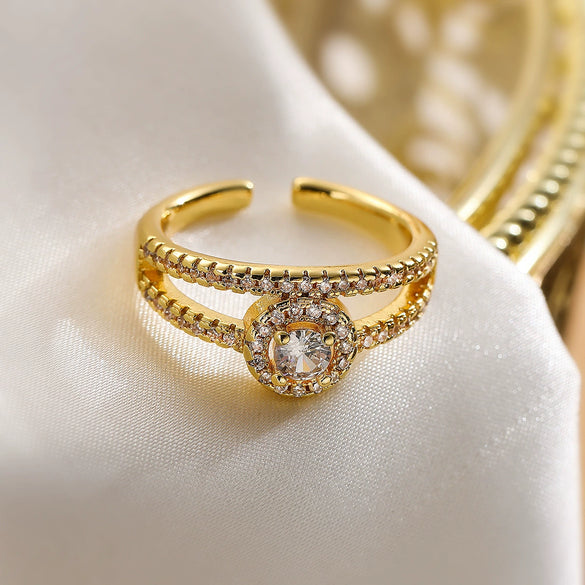 Wholesale Women's Geometric Opening Ring Copper Real Gold Electroplated Microinlay Zircon Light Luxury Style