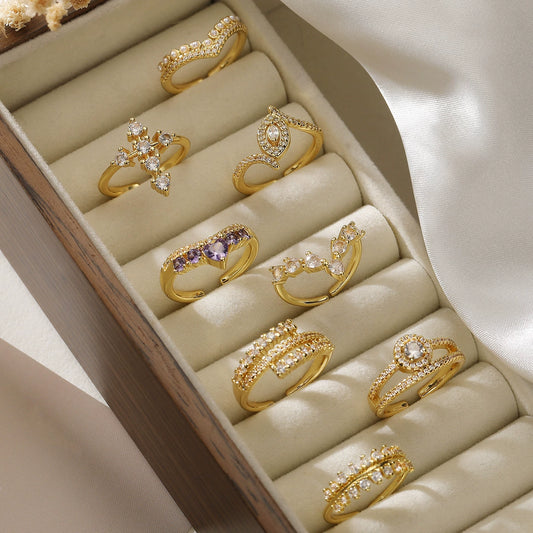 Wholesale Women's Geometric Opening Ring Copper Real Gold Electroplated Microinlay Zircon Light Luxury Style