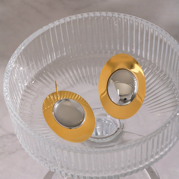 Wholesale Women's Geometric Oval Colorblocked Ingot Handpolished Highend Titanium Steel And Stainless Steel Vacuum Real Gold Plated Earrings Jewelry Accessories