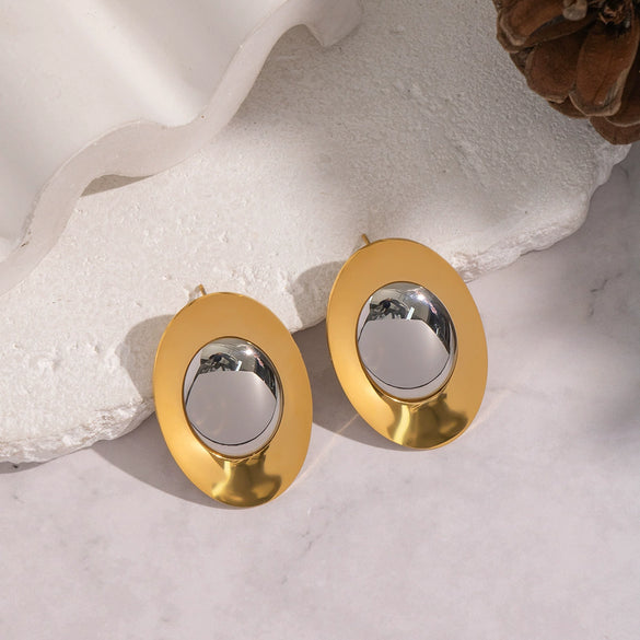 Wholesale Women's Geometric Oval Colorblocked Ingot Handpolished Highend Titanium Steel And Stainless Steel Vacuum Real Gold Plated Earrings Jewelry Accessories