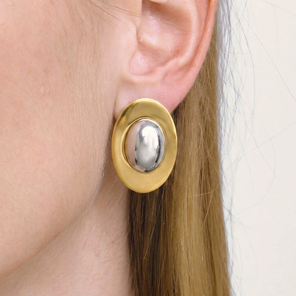 Wholesale Women's Geometric Oval Colorblocked Ingot Handpolished Highend Titanium Steel And Stainless Steel Vacuum Real Gold Plated Earrings Jewelry Accessories