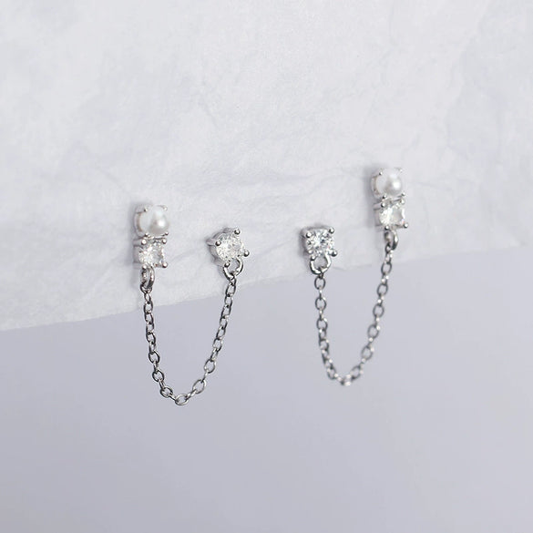Wholesale Women's Geometric Overlapped Earrings S925 Silver Imitation Pearl Diamond Tassel Electroplated