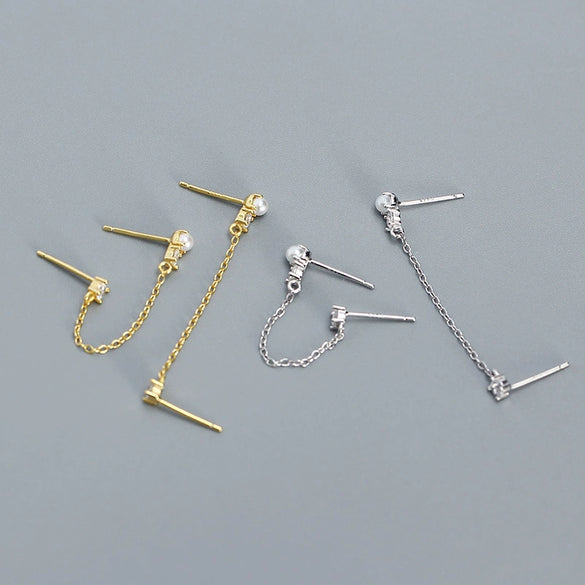 Wholesale Women's Geometric Overlapped Earrings S925 Silver Imitation Pearl Diamond Tassel Electroplated