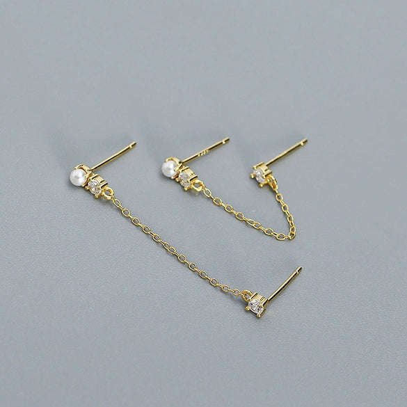Wholesale Women's Geometric Overlapped Earrings S925 Silver Imitation Pearl Diamond Tassel Electroplated
