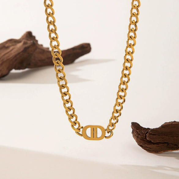 Wholesale Women's Geometric Pattern Electroplated Titanium Steel Cuban Chain Necklace Jewelry