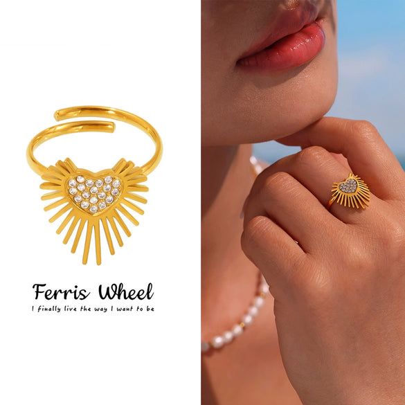 Wholesale Women's Geometric Pattern Heart Ring Stainless Steel Zircon Goldplated