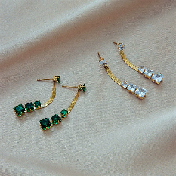 Wholesale Women's Geometric Pattern Stainless Steel Square Transparent Green Diamond Earrings With Electroplating
