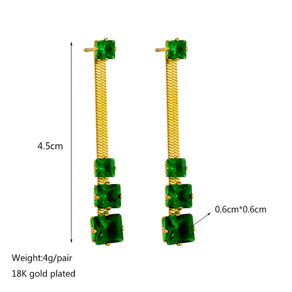 Wholesale Women's Geometric Pattern Stainless Steel Square Transparent Green Diamond Earrings With Electroplating