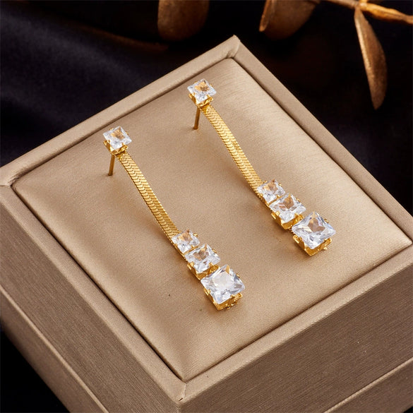 Wholesale Women's Geometric Pattern Stainless Steel Square Transparent Green Diamond Earrings With Electroplating