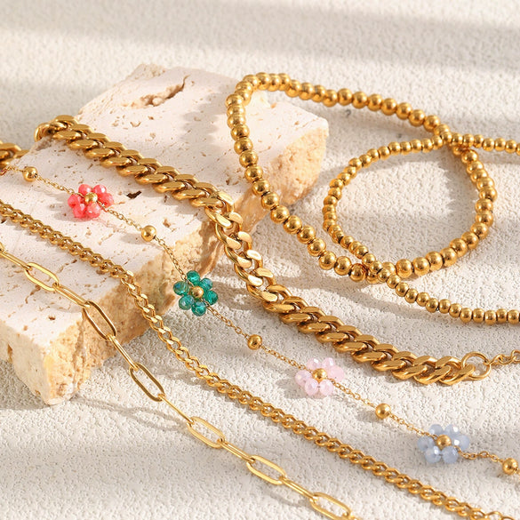 Wholesale Women's Geometric Pattern Stainless Steel Vacuum Plated Elastic Bead Cuban Chain Bracelet