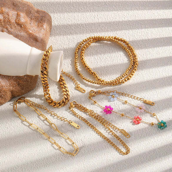 Wholesale Women's Geometric Pattern Stainless Steel Vacuum Plated Elastic Bead Cuban Chain Bracelet