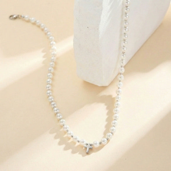 Wholesale Women's Geometric Pearl Choker Necklace With Electroplated Calendering Chain