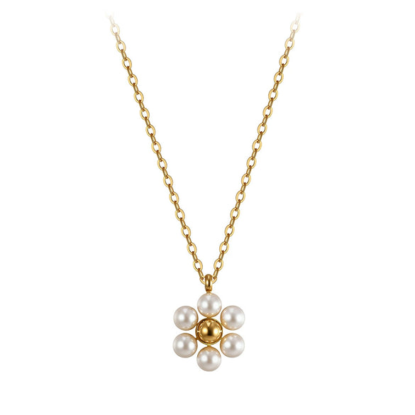 Wholesale Women's Geometric Pearl Flower Necklace 18K Gold Plated Handmade Pendant With Calendering Chain
