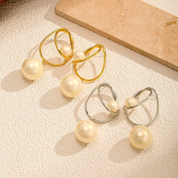 Wholesale Women's Geometric Pearl Hoop Earrings With Vacuum Real Gold Plating In Pvd Furnace