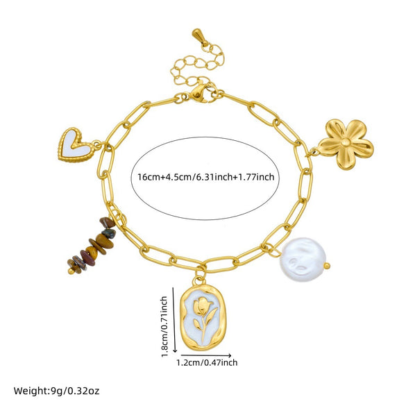 Wholesale Women's Geometric Pearl Tiger Eye Stone Pendant Flower Heart Stainless Steel Electroplated Accessories Set With Plants And Flowers Pattern