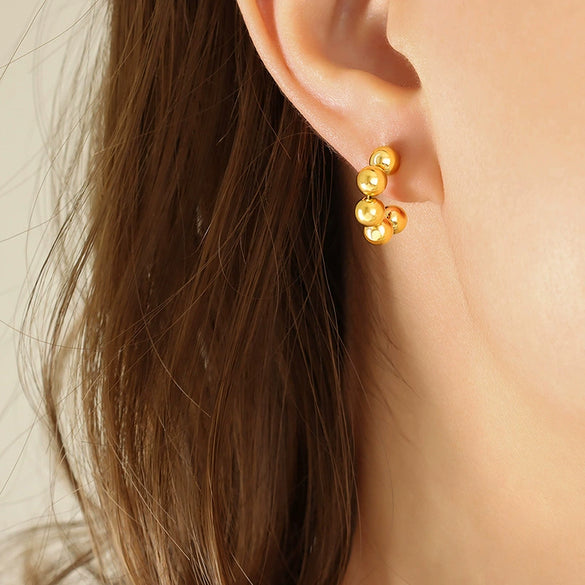 Wholesale Women's Geometric Personality Retro Small Round Bead Stitching Cshaped Titanium Steel 18K Gold Plated Earrings