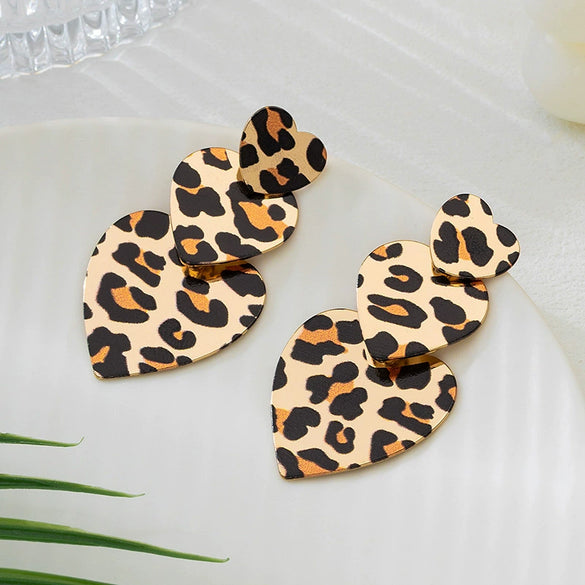 Wholesale Women's Geometric Punk Leopard Print Heart And Flower Shaped Stud And Pendant Earrings In Alloy And Stainless Steel With Electroplating