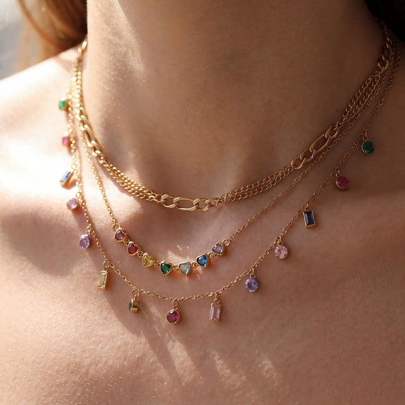 Wholesale Women's Geometric Rainbowcolored Zircon Tassel Pendant Stainless Steel Cross Chain Necklace With Electroplating