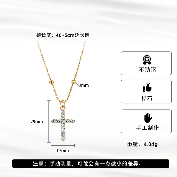 Wholesale Women's Geometric Real Gold Electroplated Zircon Cross Pendant Titanium Steel Calendering Chain Necklace