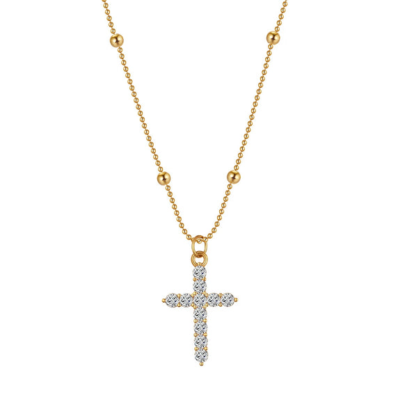Wholesale Women's Geometric Real Gold Electroplated Zircon Cross Pendant Titanium Steel Calendering Chain Necklace