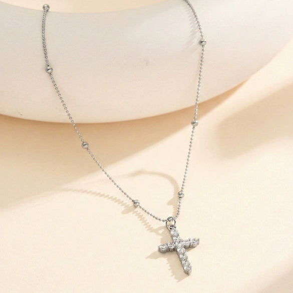 Wholesale Women's Geometric Real Gold Electroplated Zircon Cross Pendant Titanium Steel Calendering Chain Necklace