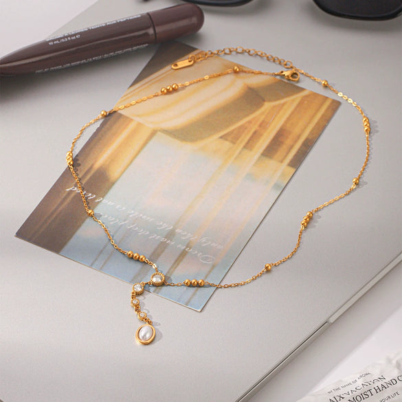 Wholesale Women's Geometric Real Gold Plated Stainless Steel Diamondstudded Pearl Pendant Clavicle Necklace