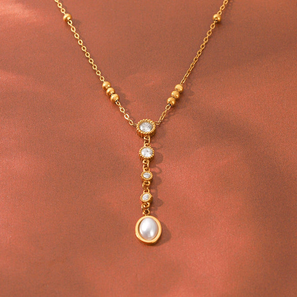 Wholesale Women's Geometric Real Gold Plated Stainless Steel Diamondstudded Pearl Pendant Clavicle Necklace