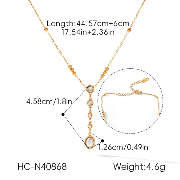 Wholesale Women's Geometric Real Gold Plated Stainless Steel Diamondstudded Pearl Pendant Clavicle Necklace