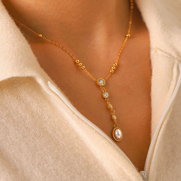 Wholesale Women's Geometric Real Gold Plated Stainless Steel Diamondstudded Pearl Pendant Clavicle Necklace