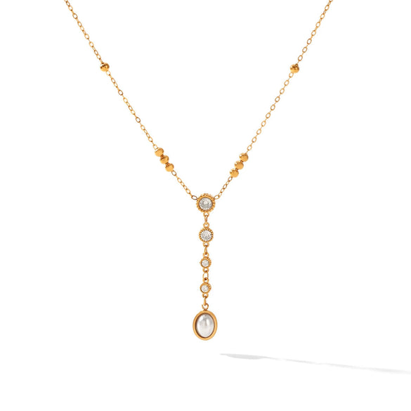 Wholesale Women's Geometric Real Gold Plated Stainless Steel Diamondstudded Pearl Pendant Clavicle Necklace