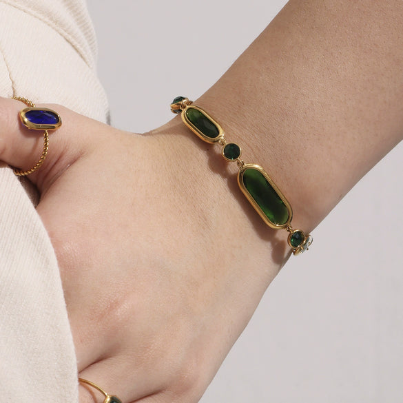 Wholesale Women's Geometric Rectangular Round Faceted Stainless Steel And Glass Stone Electroplated Bracelet With Midcentury And Ancient Style